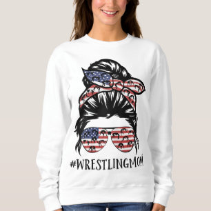 Th America Flag Messy Bun Wrestling Mum Life Sweatshirt