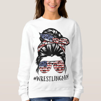 Th America Flag Messy Bun Wrestling Mum Life Sweatshirt