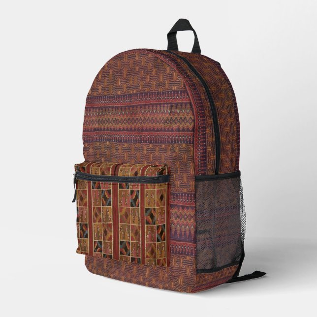 Thai Ikat Inspired Earthy Woven mixed fabric Printed Backpack (Back Corner Right)