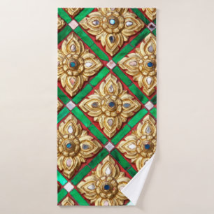 Thai pattern inside wall of Thai templethailand, a Bath Towel