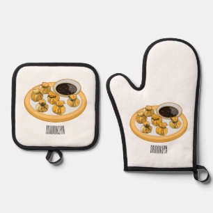 Thai shrimp purse cartoon illustration oven mitt & pot holder set