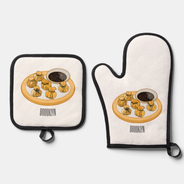 Thai shrimp purse cartoon illustration  oven mitt & pot holder set (Front)