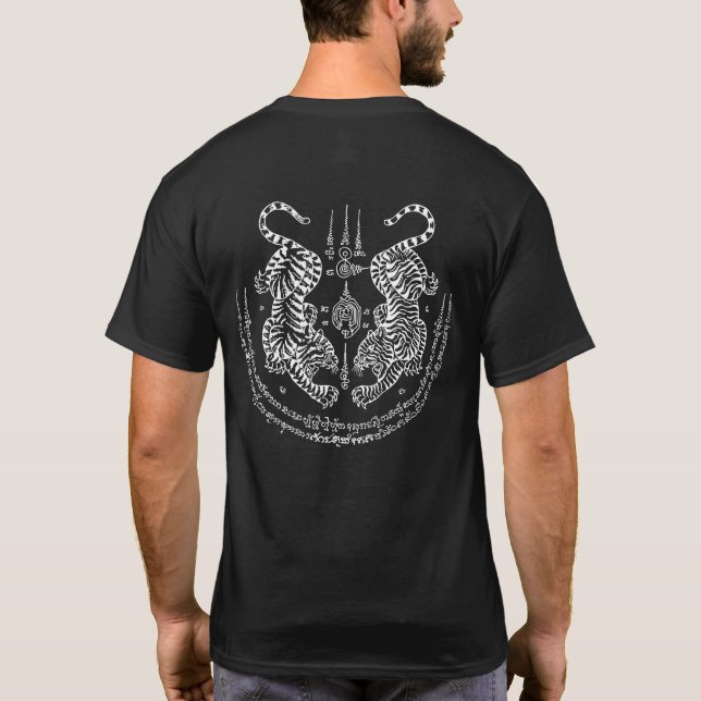 Thai Tattoo Designs Tiger " Yant Suea Koo " White T-Shirt (Back)