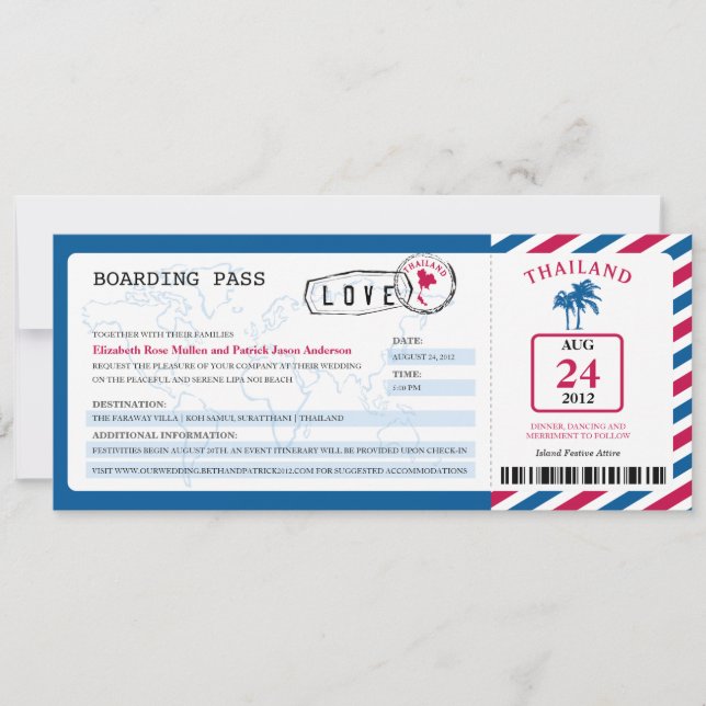Thailand Airmail Boarding Pass Wedding Invitation (Front)