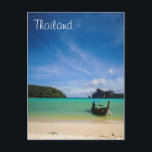 Thailand Beach Photo with Fishing Boat Postcard<br><div class="desc">An exotic travel destination. Thailand in South East Asia. This travel photo features a pretty scenic tropical beach from Thailand. Crystal clear turquoise waters, soft sandy beach, bright blue sky and lush green trees in the background. A single fishing boat sits on the beach ready to go fishing for the...</div>