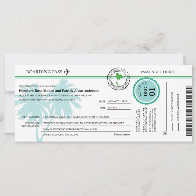 Thailand Boarding Pass Wedding  Invitation (Front)