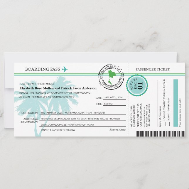 Thailand Boarding Pass Wedding  Invitation (Front)