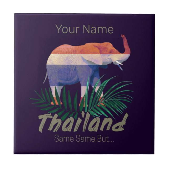 Thailand Elephant Flag Jungle Leaves Thai Souvenir Tile (Front)