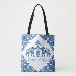 Thailand Elephant Happy Holidays Gift Navy & White Tote Bag