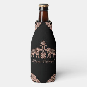 Thailand Elephant Happy Holidays Gift Pink & Black Bottle Cooler