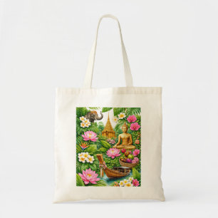 Thailand Tropical Temple, Elephant, Buddha & Lotus Tote Bag