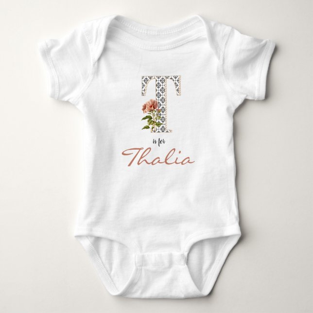 Thalia name Reveal Floral Letter T Pink Flower Baby Bodysuit (Front)