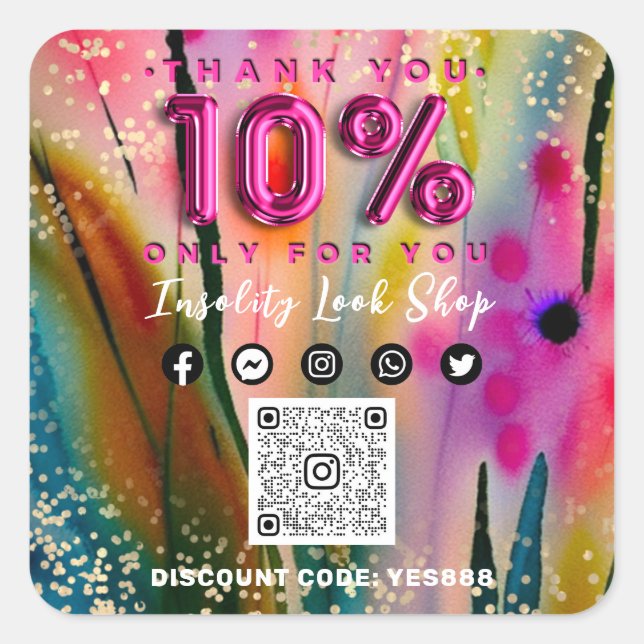 Thank 10% Off QR CODE Logo Discount Floral Gold Square Sticker (Front)