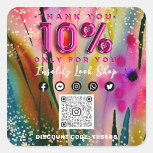 Thank 10% Off QR CODE Logo Discount Floral Gold Square Sticker