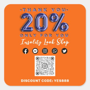 Thank 20% Off QR CODE Logo Discount Blue Orange Square Sticker