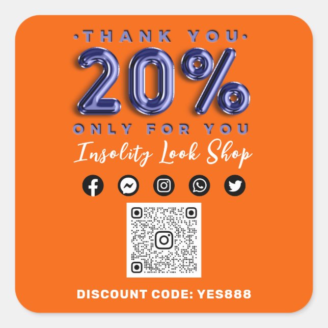 Thank 20% Off QR CODE Logo Discount Blue Orange Square Sticker (Front)