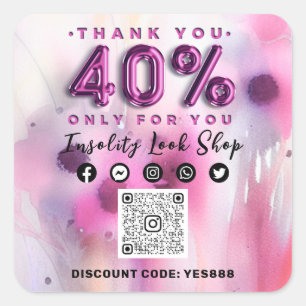Thank 40% Off QRCODE Logo Discount Code Floral Square Sticker