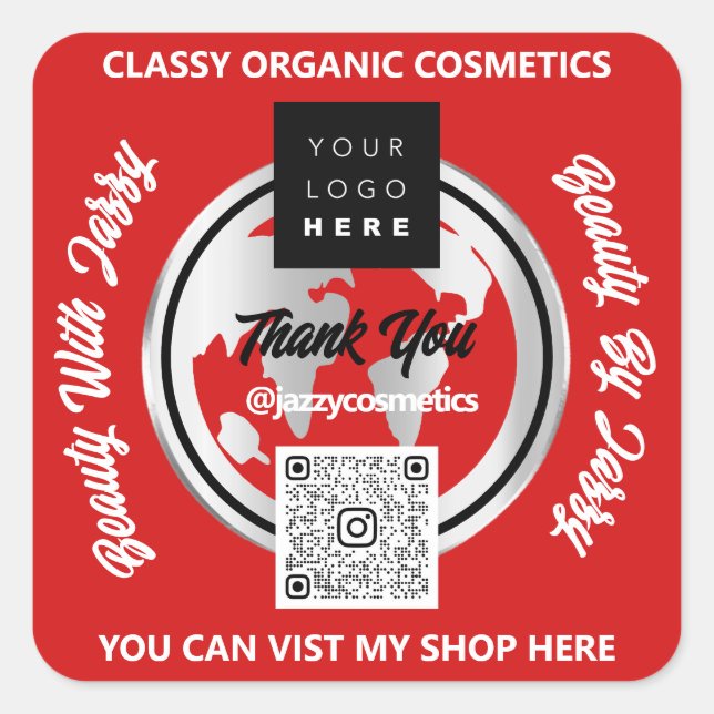Thank Business QR Code Logo Gold MAP Globe Red  Square Sticker (Front)
