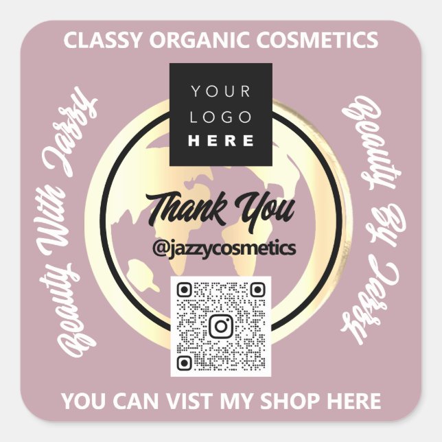 Thank Business QR Code Logo Gold MAP Globe Square Sticker (Front)