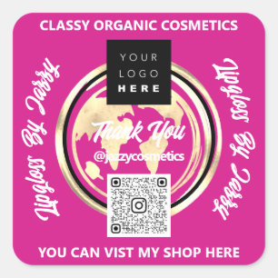 Thank Business QR Code Logo Gold Pink Square Sticker