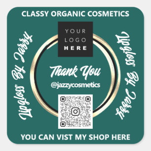 Thank Business QR Code Logo Gold Teal Green Square Sticker