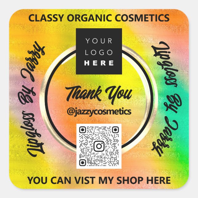 Thank Business QR Code Logo Holographic Yellow Square Sticker (Front)