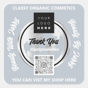 Thank Business QR Code Logo Silver MAP Globe  Grey Square Sticker
