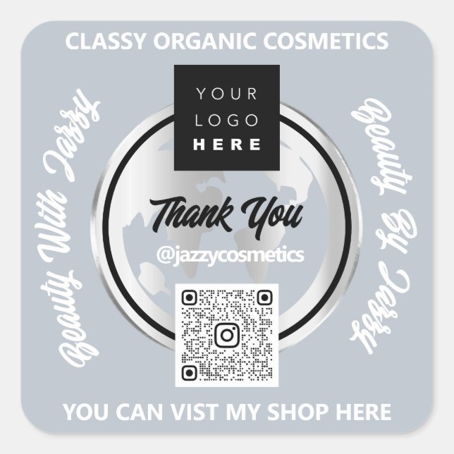 Thank Business QR Code Logo Silver MAP Globe  Grey Square Sticker (Front)