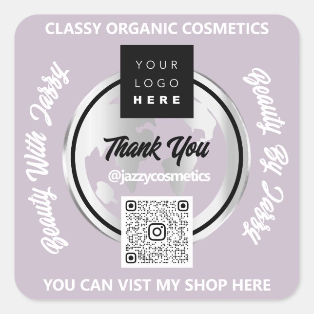 Thank Business QRCode Logo Silver Map Globe Purple Square Sticker (Front)