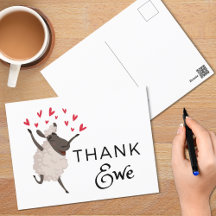 Thank Ewe Sheep with Red Hearts Thank You Postcard