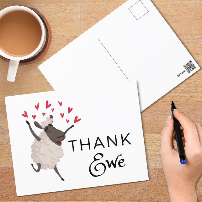 Thank Ewe Sheep with Red Hearts Thank You Postcard (Creator Uploaded)