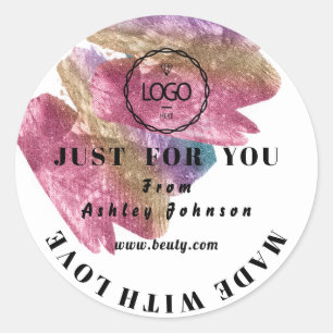 Thank Logo Made With Love Pink Rose Strokes Classic Round Sticker
