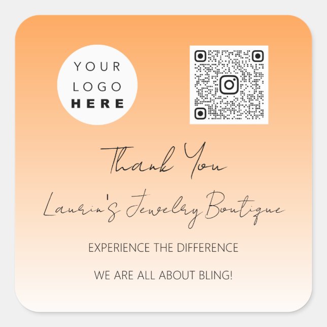 Thank  Logo Qr Code Online Shop Orange Square Sticker (Front)
