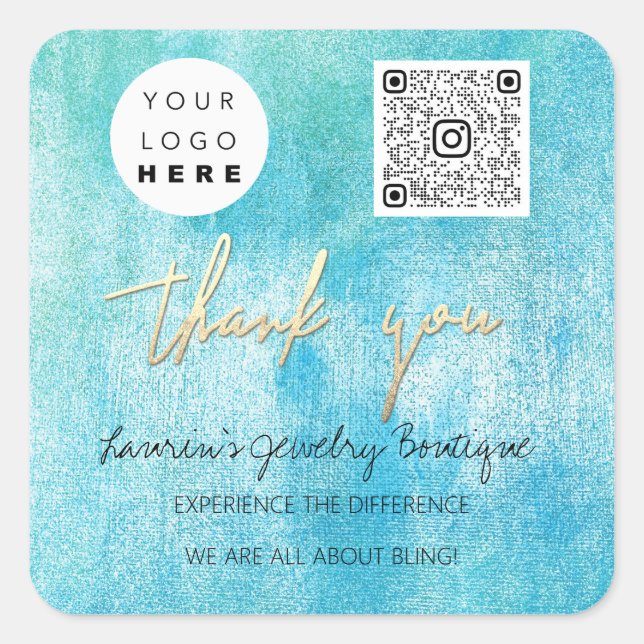 Thank  Logo QrCode Online Shop Blue Oceanic Square Sticker (Front)