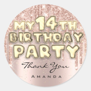 Thank Name 14th Birthday Party Glitter Drips Rose Classic Round Sticker