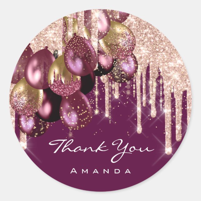 Thank Name 16th Bridal Glitter Ballon Rose Burgund Classic Round Sticker (Front)
