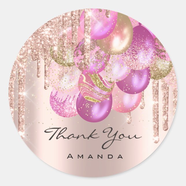 Thank Name 16th Bridal Rose Glitter Ballon Confett Classic Round Sticker (Front)