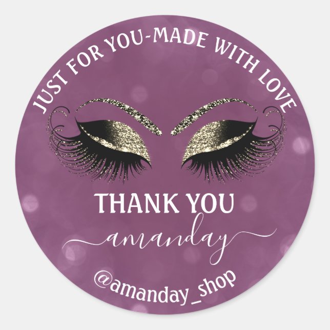 Thank Name  Boutique eyelashes  Shop  Gold Violet Classic Round Sticker (Front)