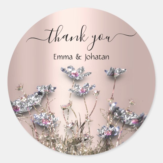 Thank Name Bridal Meadow Wildflower Rose Gold Classic Round Sticker (Front)