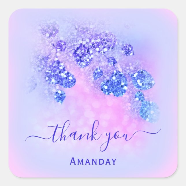 Thank Name Holograph Pink Bridal Royal Blue Floral Square Sticker (Front)