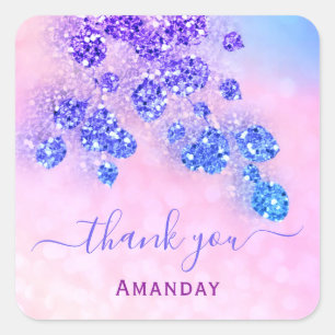 Thank Name Holograph Pink Floral Royal Navy Square Sticker