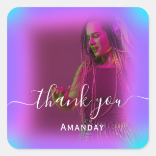 Thank Photo Neon Pink Holograph Singer Music Girl Square Sticker