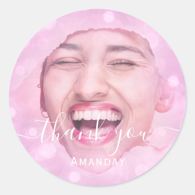 Thank Photo  Pink Birthday Party Blush Pinky Classic Round Sticker (Front)