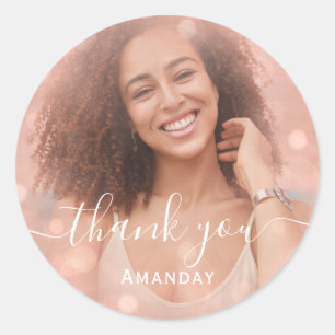 Thank Photo Pink Birthday Party Blush Rose Classic Round Sticker