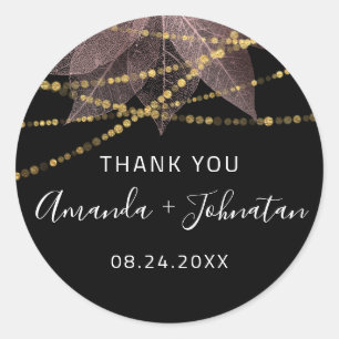 Thank Rose Gold Leaf Name Date Black Gold Rose Classic Round Sticker