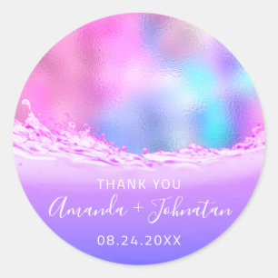 Thank Rose Name Date Spark Pastel Waves Pink Classic Round Sticker