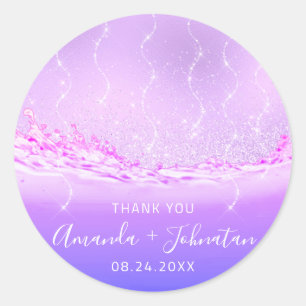 Thank Rose Name Date Spark Purple Waves Pink Classic Round Sticker