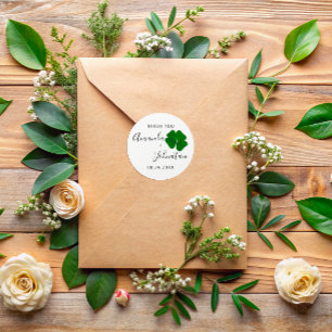 Thank Save The Date Name Four-leaved Clover White Classic Round Sticker