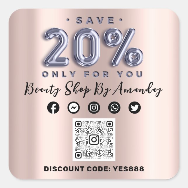 Thank Shopping 20%Off QR CODE Rose Lilac Square Sticker (Front)