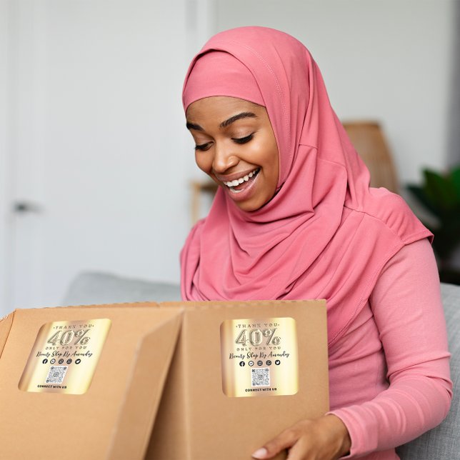 Thank Shopping 40%Off QR CODE Faux Gold Square Sticker (Thank Shopping 40%Off QR CODE Faux Gold Square Sticker)